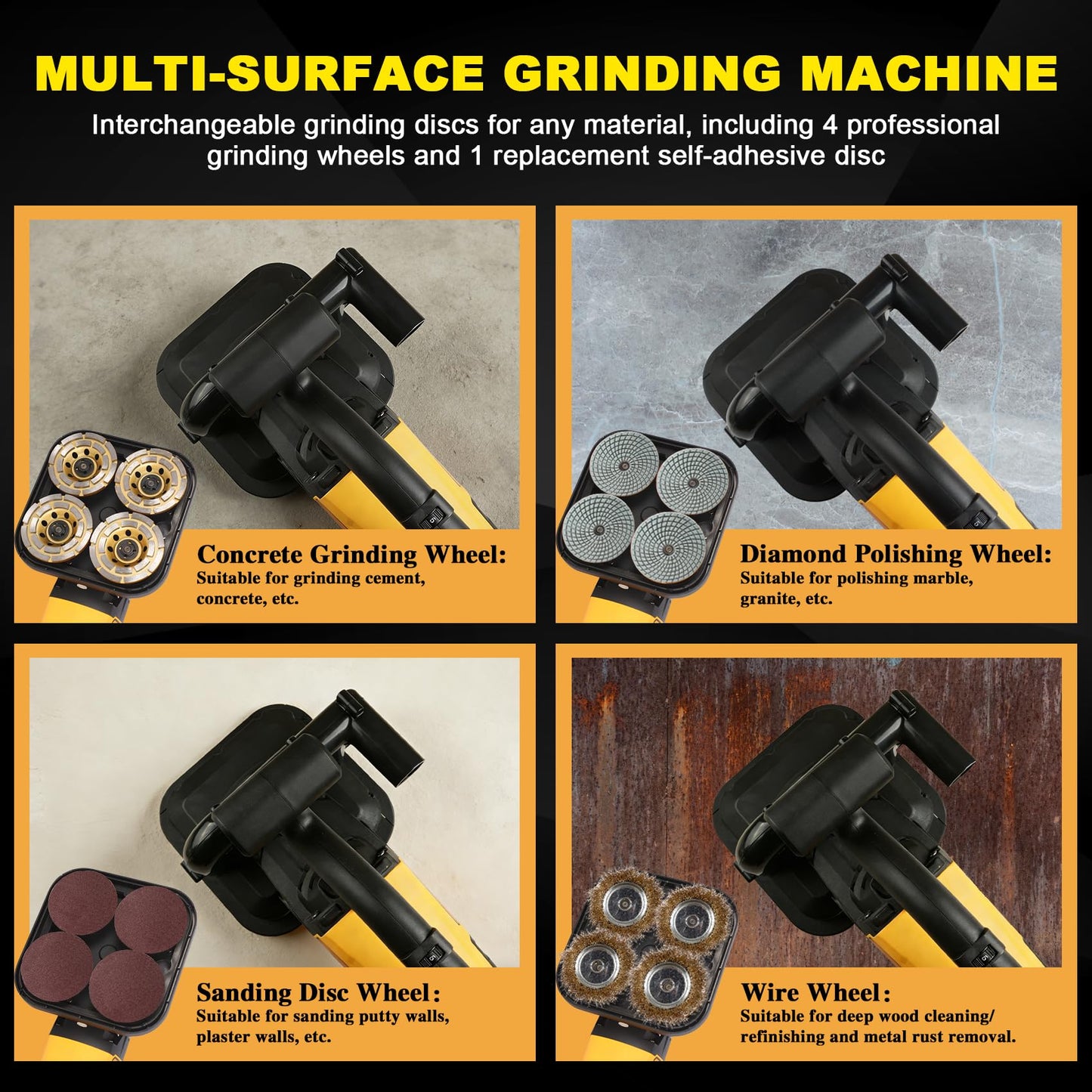 PeiXWming 4-Head Concrete Grinder Set with Long Handle, 4" Concrete Floor Grinder 3800W 0-6000RPM Concrete Surface Planer Dust Extraction Shroud Auxiliary Wheels for Grinding Concrete Cement Marble