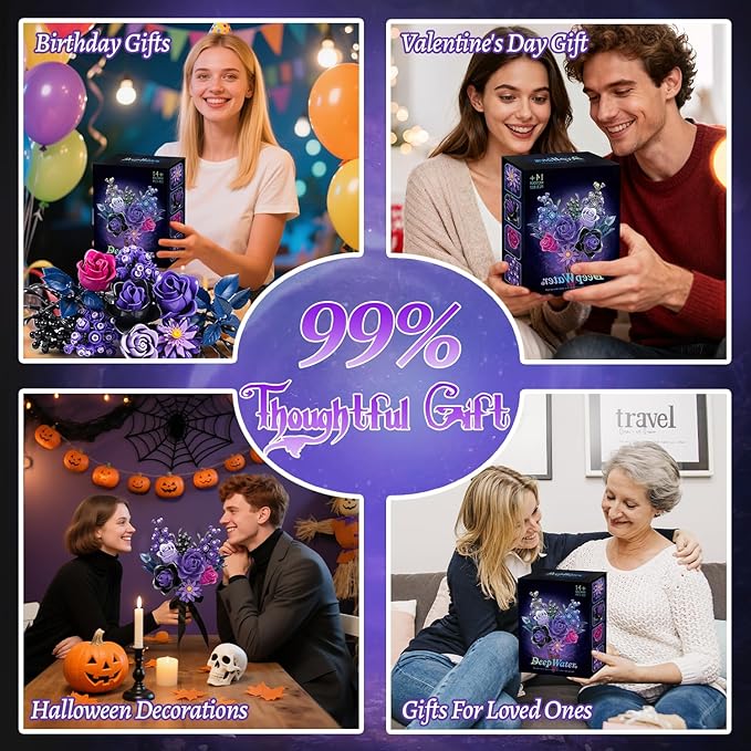 Gohero Purple Roses Building Blocks Set (822PCS) - Lego Compatible Flowers for Adults Gothic Home Decor for Women & Teen Girls Making It an Ideal Gift for Halloween Valentine's Day.