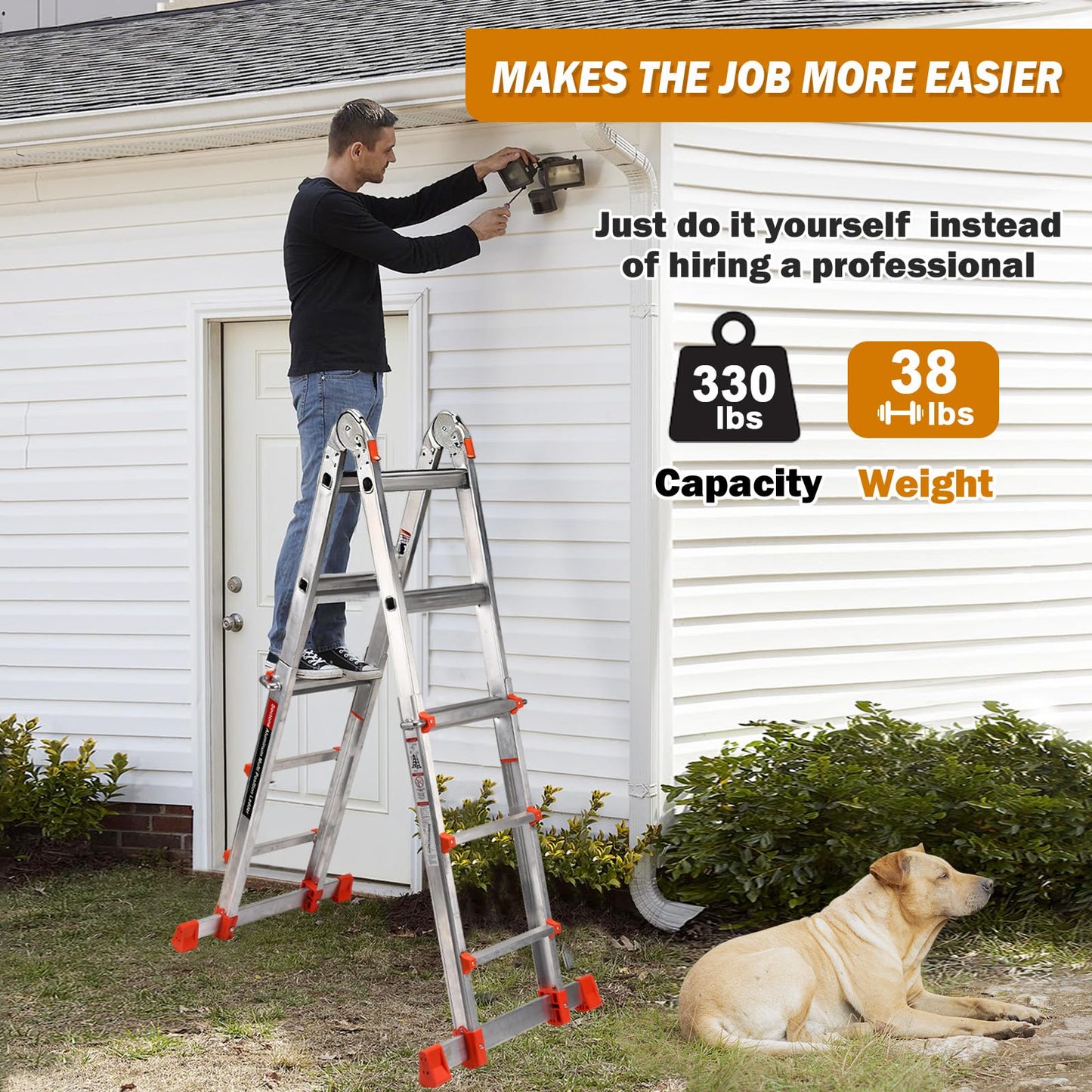 Soctone Ladder, A Frame Extension Ladder, Multi Position with Stabilizer Bar, 330 lbs Weight Rating Telescoping Ladder for Household or Outdoor Work, 14 Ft, Orange
