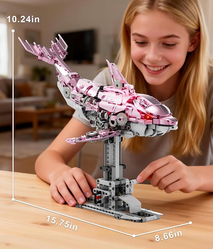 Mechanical Dolphin Building Kit Hand Crank Building Toys with Moving Jaw Swimming Tail & Glowing Light Effects STEM Educational Toy & Unique Desk Decor for Ages 8+ & Adults Pink