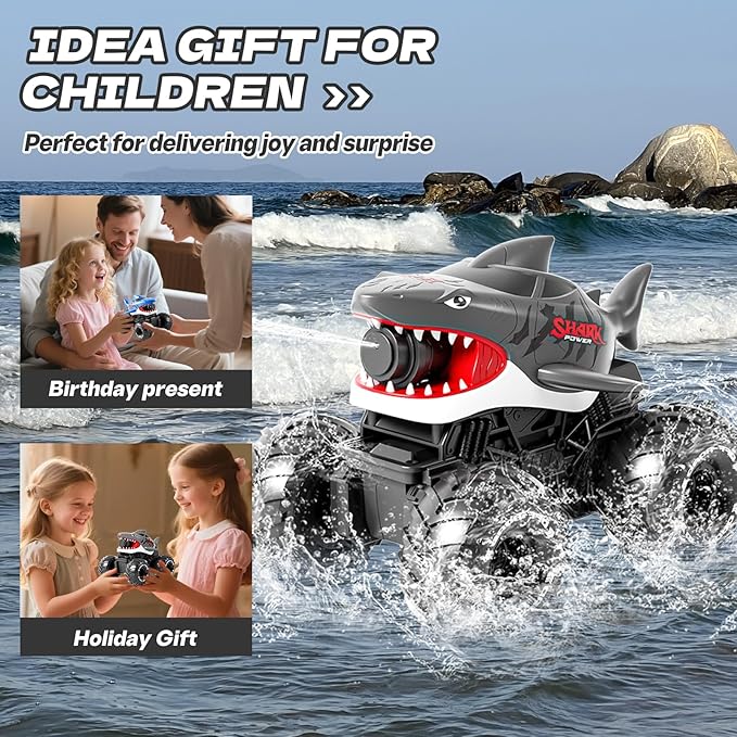 Gesture Sensing Amphibious Remote Control Gray Shark Monster Truck with Water Squirt 4WD 1:16 RC Car All-Terrain Waterproof RC Tank Pool Toy Outdoor Summer Gifts for Kids Age 6+(2 Replaceable battery)