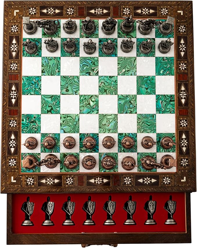 15'' Wooden Chess Set with Metal Chess Pieces – Handmade Storage Chess Board & British Metal Pieces – Elegant Chess Gift for All Ages – Gift for Him (Green)