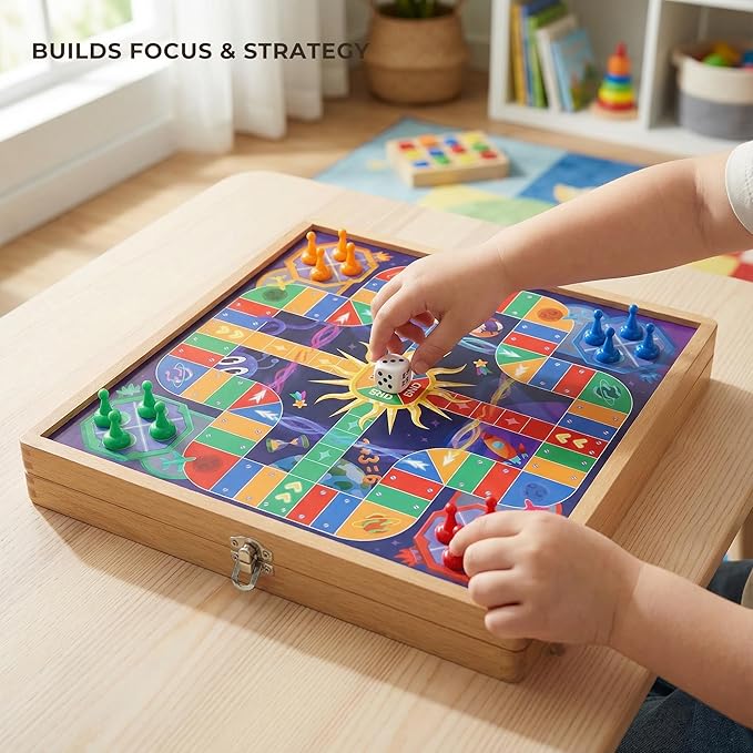 5-in-1 Wooden Board Games for Kids & Adults Premium Beech Wood Frame Family Game Center with Fast Sling Puck Detachable Flat Chess Board Chinese Checkers Ludo & Snakes and Ladders