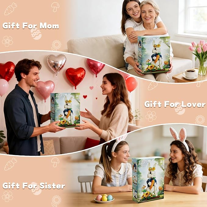 Easter Wonderland Bunny Building Blocks Set Compatible with Lego Easter Creator Cute Rabbit Toys with Carrot & Sunflower Display Base Creative Gift for Kids Girls Adults