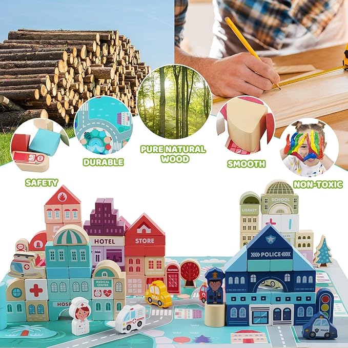 181pcs 'Streetscape' Wooden Building Block Set for Toddlers Jigsaw Puzzle City Map 11 Buildings (3 Extra Bonus: Circus Zoo & Construction Site) Preschool Learning Educational Toys