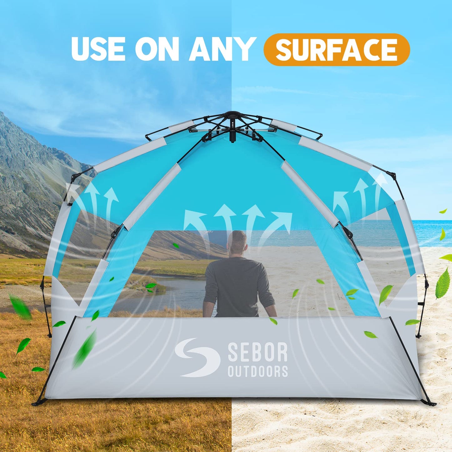 SEBOR Beach Tent, Deluxe XL Pop-up Beach Tent for 4-6 Person, UPF 50+ with Dark Shelter Technology, Easy Set Up and Portable Beach Tent Sun Shelter(Sky Blue)