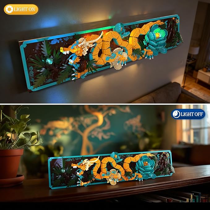 JMBricklayer Mythic Dragon Tiles Building Block Sets with LED Lights for Adults 70020 Wall Art Crafts Frame Building Sets Home & Office Decor Dragon Kits with Flowers Creative Gifts for Men Wo
