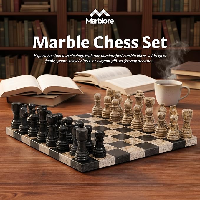 Marble Chess Set 12 Black & Coral with 32 Chess Pieces & 2 Extra Queens Board Games for Adults Luxury Chess Board & Valentines Day Gift for him