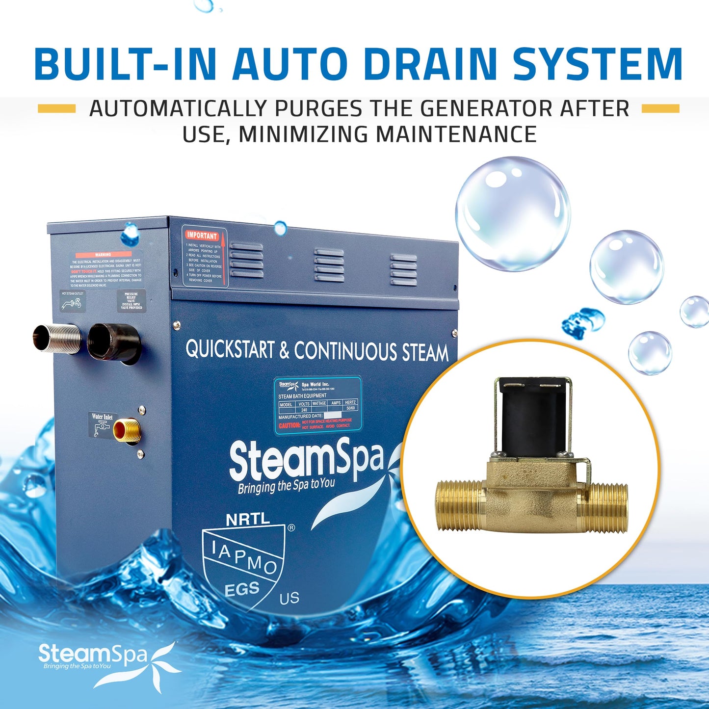 SteamSpa Steam System 10.5kW Steam Generator with Quickstart Continuous Steam, Dual Touch Pads, Auto Drain, Chroma Light, Aroma Steamheads, Install Kit & Filter in Gold EXTS1050GD-A