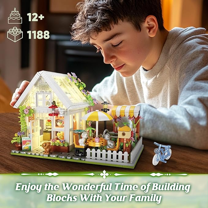 Flower House Building Block for Adults Garden Architecture Building Toy with LED Greenhouse Model Building Set Garden Glass House Building Kit Christmas & Ideal Gift for Kids 12+ (1188pcs)