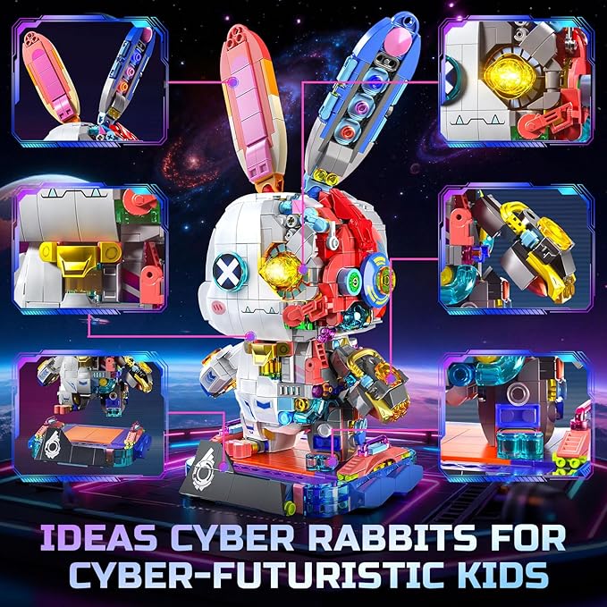 PIKARO Mechanical Bunny Rabbit Building Set for Boys Girls - Collection Animal Punk Style Toy Model Kit with LED Light Easter Halloween Birthdays Gift for Teens Kids Age 8 12 14(1377PCS)