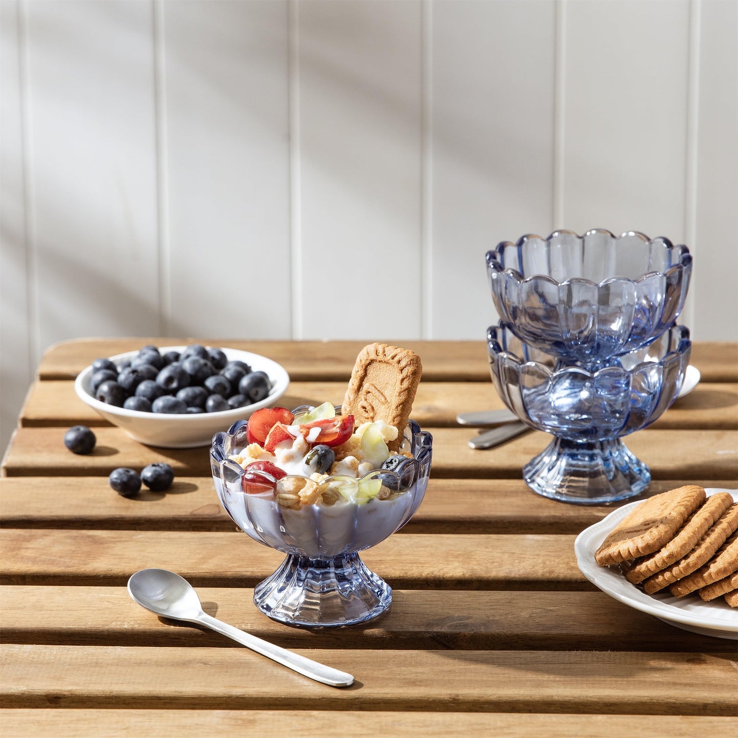 KMwares 6PCs Set 5oz Small Cute Footed Tulip Glass Dessert Bowls/Cups - Perfect for Dessert, Sundae, Ice Cream, Fruit, Salad, Snack, Cocktail, Condiment, Trifle and Christmas Holiday Party (Blue)