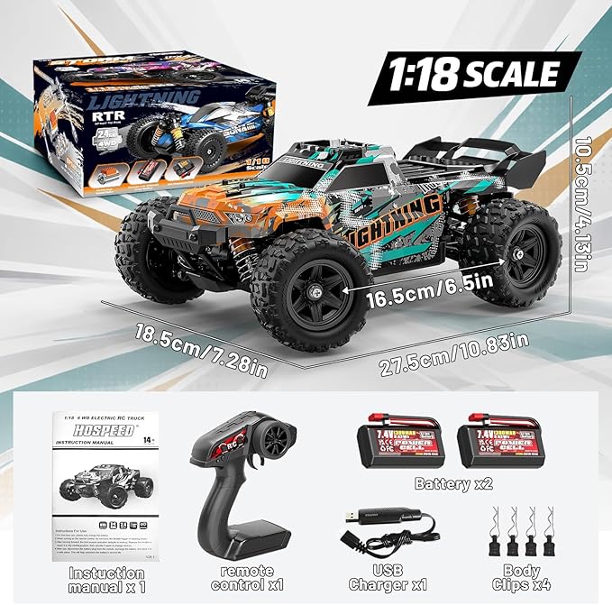 RC Cars 1:18 4WD High Speed Off-Road RC Truck 40 KM/H Remote Control Car with Waterproof ESC 2 Rechargeable 7.4V 1300mAh Batteries Dual Body Shells for Adults & Kids Great Gifts for Outdoor F