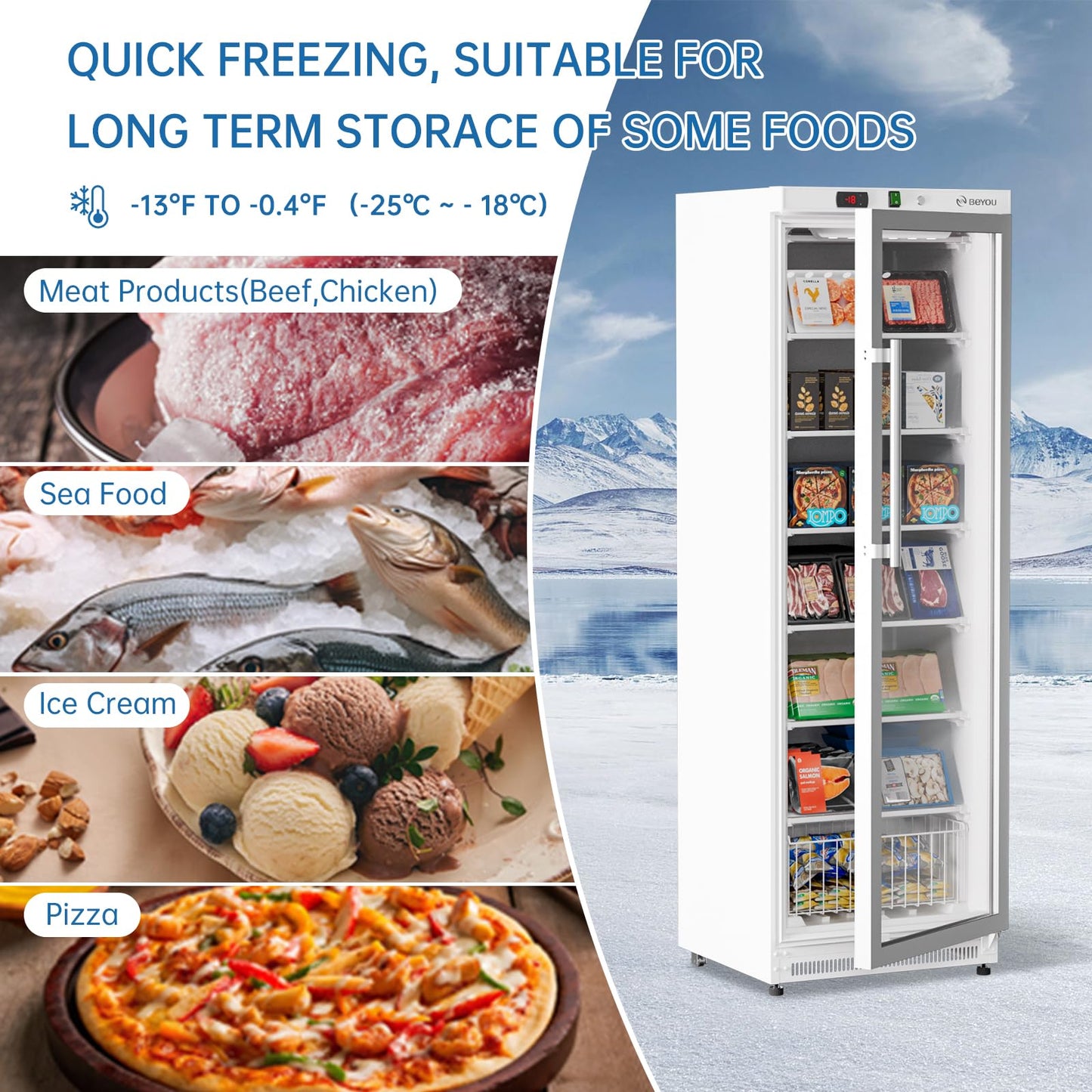 BEYOU Commercial Freezer Upright,10.7 Cu. ft. Reach-in Freezer with Single Glass Door