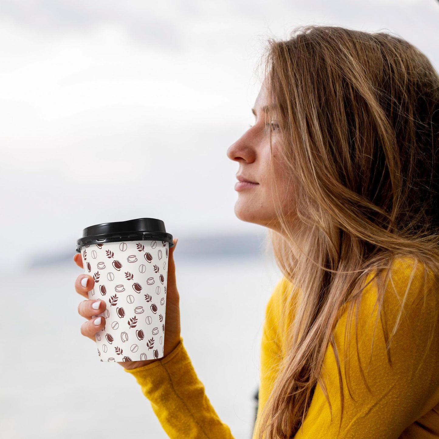 12oz To Go Coffee Cups with Lids, Sleeves and Stirrers (100 Pack), Disposable Paper Cups with two Designs for Home, Business and Café. Hot/Cold Beverage Drinking Cups for Water, Juice or Tea.