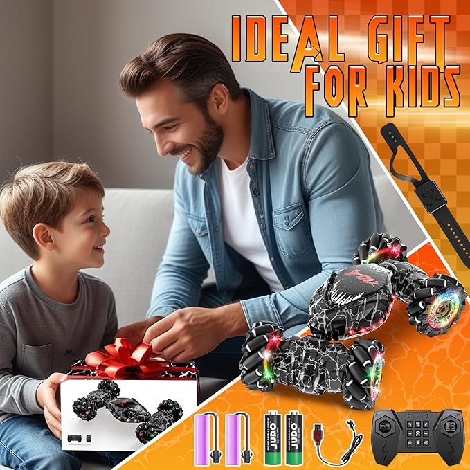 RC Stunt Car 2.4GHz LED Gesture Sensing 4WD Double Sided Rotation with Lights and Music All Terrain Rotation Drift Car - Birthday Gifts for Boys & Girls (Black)