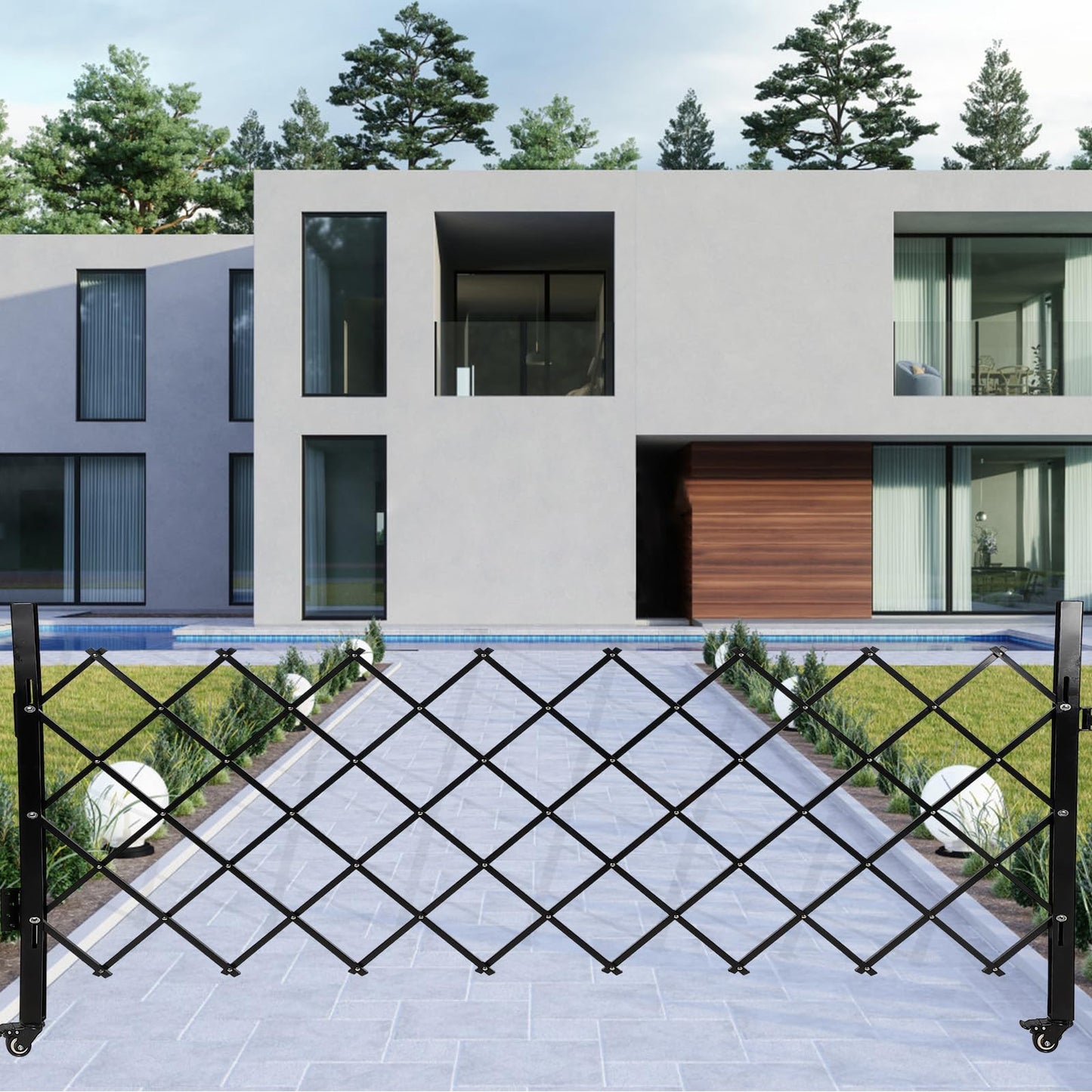 SierraSquad Single Folding Security Gate 85" H x 95" W, Steel Expandable Fence with 360° Rolling Wheels for Courtyard, Garage, and Garden Access Control