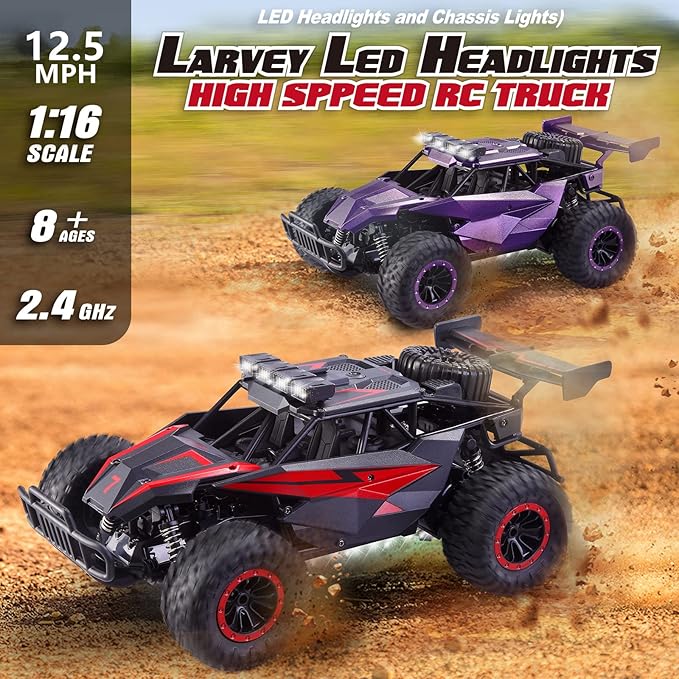 1:16 Scale Remote Control Car 20 Km/h High Speed Remote Control Truck Off Road RC Monster Vehicle with LED Headlights and Chassis Lights Electric Toy for Boys Kids and Adults