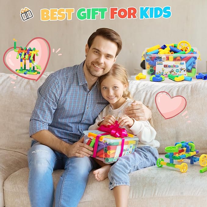 Ggiibro STEM Building Toy for Toddlers 106Pieces Tube Pipe ToyEducational Preschool Game for 3+ YearsLearning Building Blocks Play with Storage Box Gift KitMontessori Toys for Boys & Girls