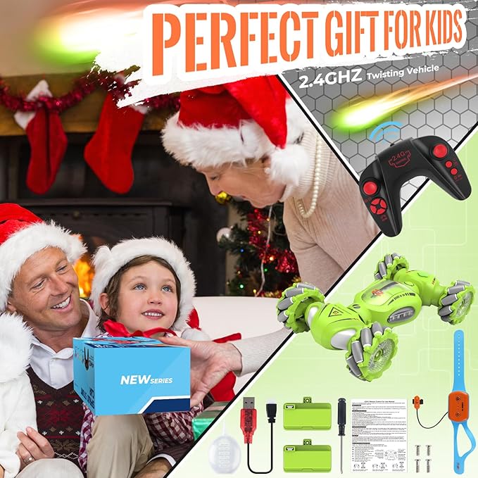 Gesture Sensing RC Stunt Car Toys Gifts for 6-8 8-12 Kids 2.4Ghz 4WD Hand Controlled RC Car with Light & Music & Spray Double-Sided 360° Rotating Birthday for Boys
