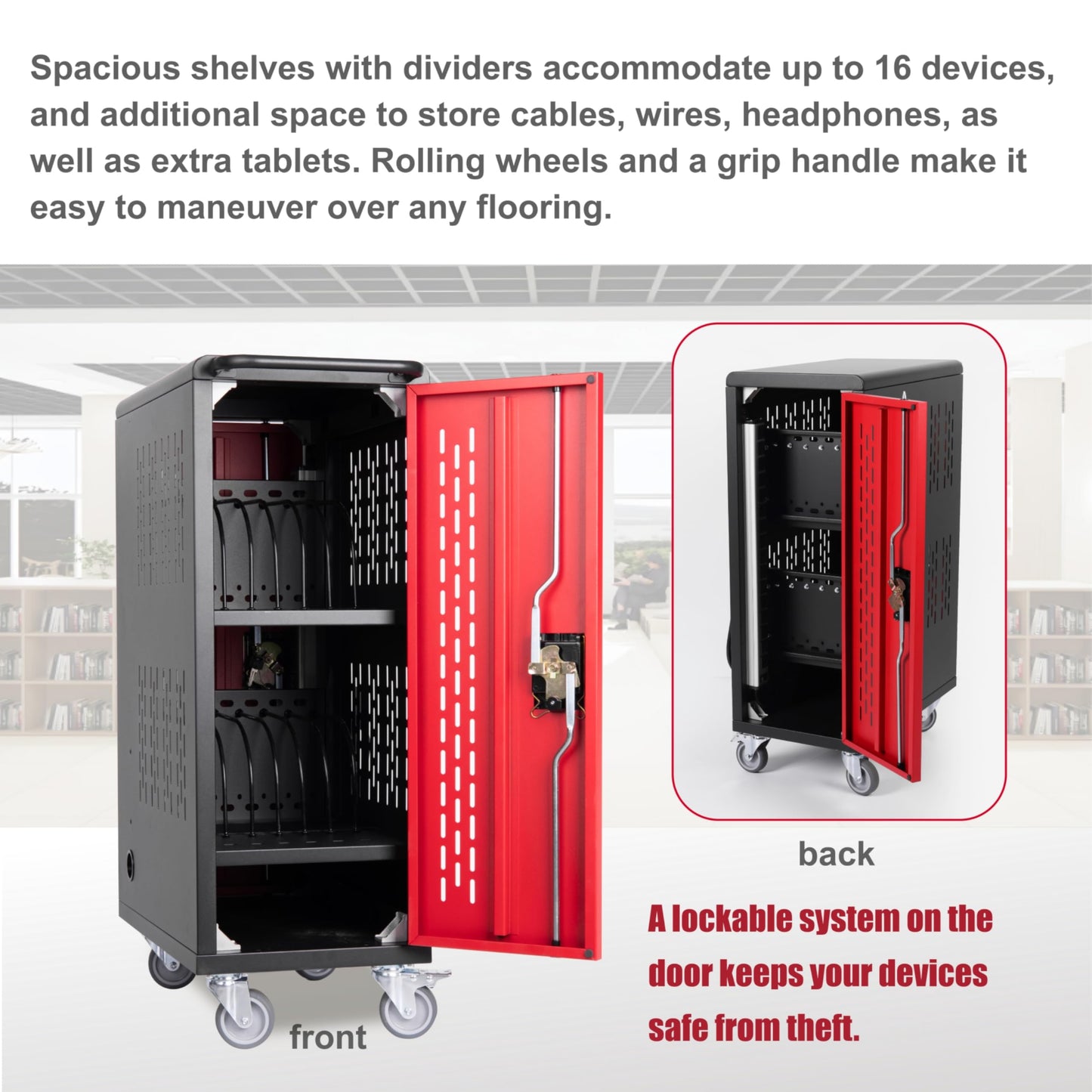 16 Device Mobile Charging Station for Laptops/Tablets/iPads/Chromebooks,16 Bay Lockable Charging Cabinet with Cable Management & Power Strip Included, School Charging Storage Carts,Easy Assembly