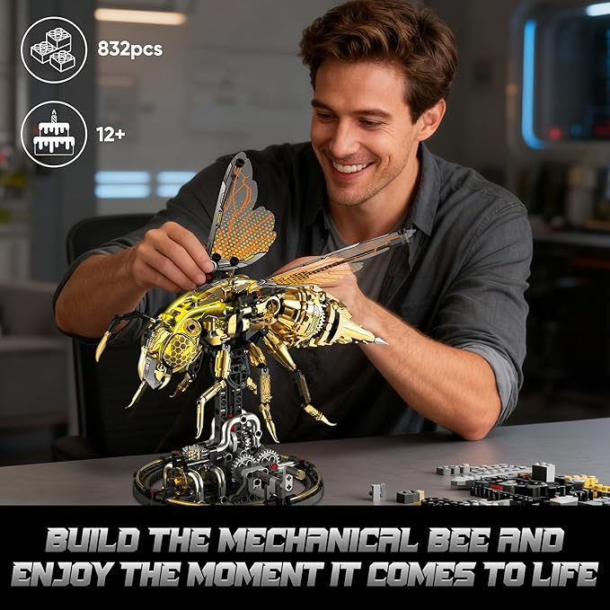 Mechanical Bee Building Blocks Kit for Adult Technic Bee Buildings Set for Adults with LED Light & Display Stand Robot Animal Building Toy with Moving Wings for Adults & Kids 832Pcs