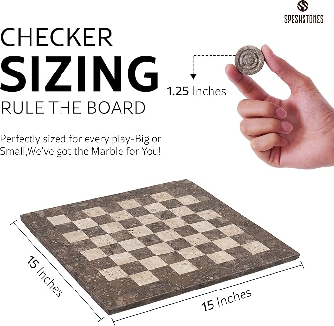 Marble Checkers Set 15 Inches Handmade Oceanic & Travertine Checkers Board Game with Checker Pieces - Board Games for Adults Game Table Accessories Gifts & Home Décor