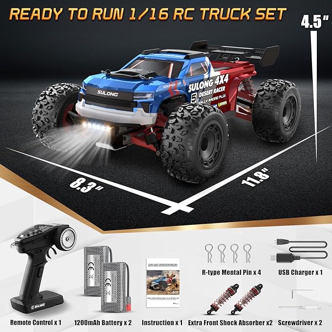 Scientoy 1/16 RC Cars 45 KPH 4WD All Terrain RC Truck Offroad High Speed Remote Control Car with 2 Batteries 60 Min Runtime Hobby Grade RC Vehicle for Teens & Adults