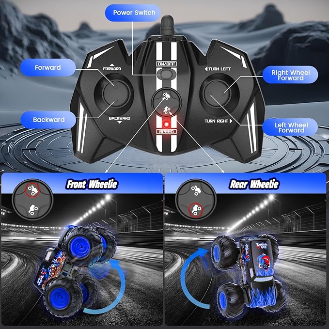 1:14 Waterproof Remote Control Car Front & Rear Wheelie Monster Truck Amphibious RC Truck with 2 Sets of Rechargeable Batteries and AAA Batteries 4WD Off-Road Vehicle for Kids Ages 6-12