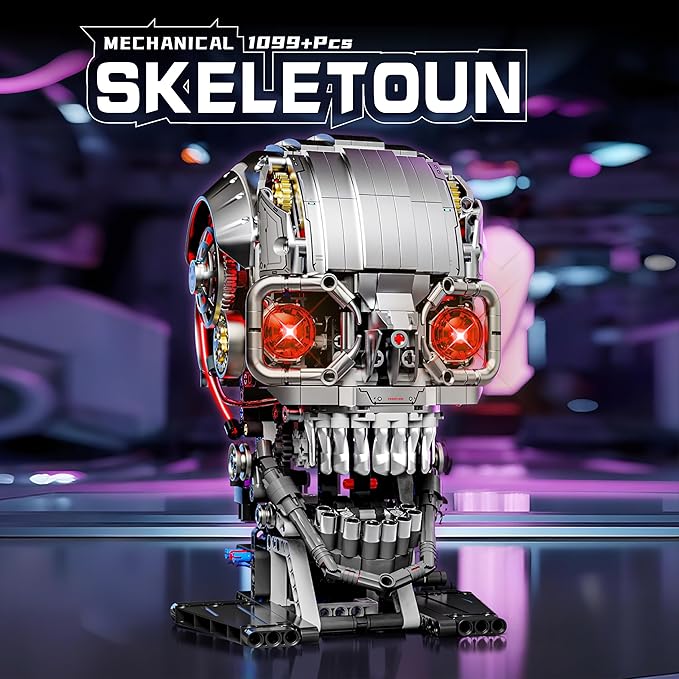 1099PCS Mechanical Skull Building Block Set3D Poseable Model with LED Light Movable Linkage Gears Display Stand STEM Toys Gift for Kids & Adults Perfect for Horror Fans & Gothic Room Decor