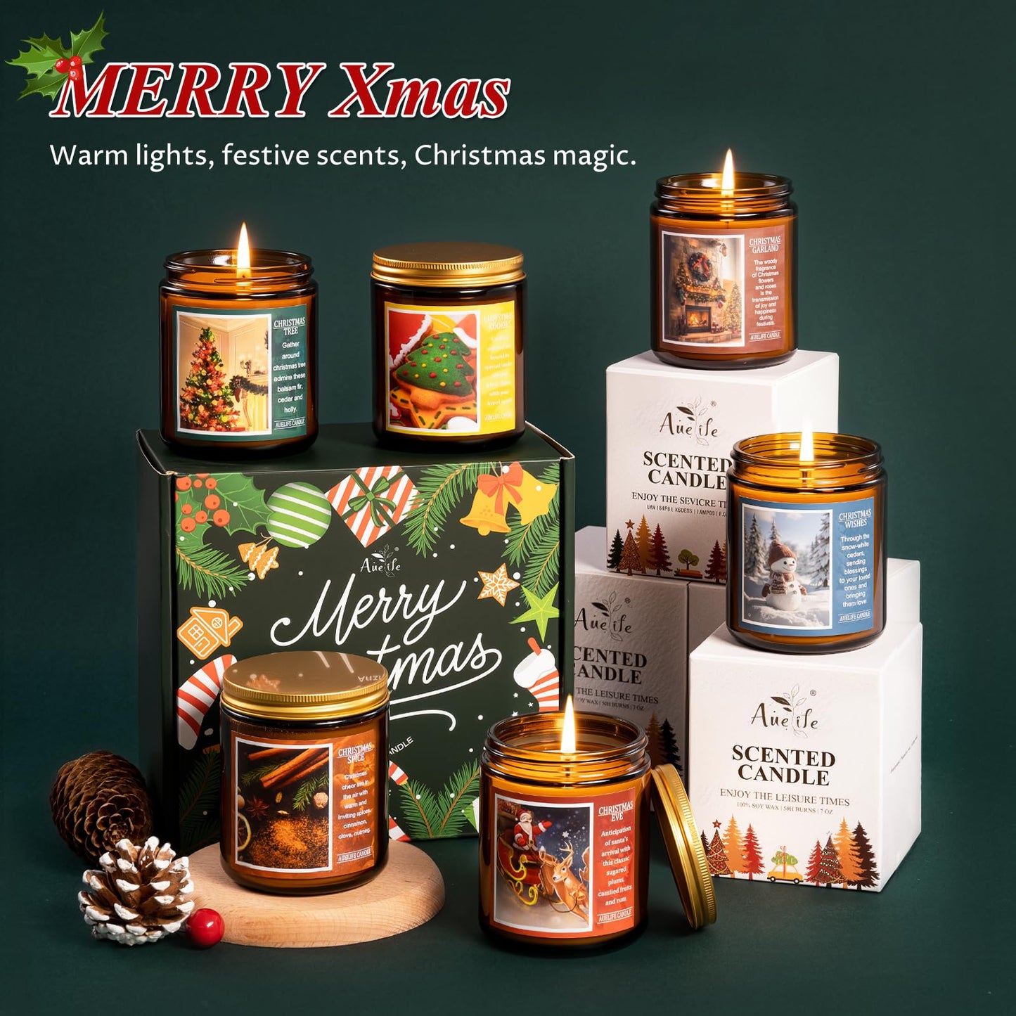 Christmas Candles | Christmas Wishes Scented Candle, Holiday Soy Wax Candles for Home Scented,Aromatherapy Gifts for Women and Men, Cozy Winter Candle for Home Decor, 7 oz