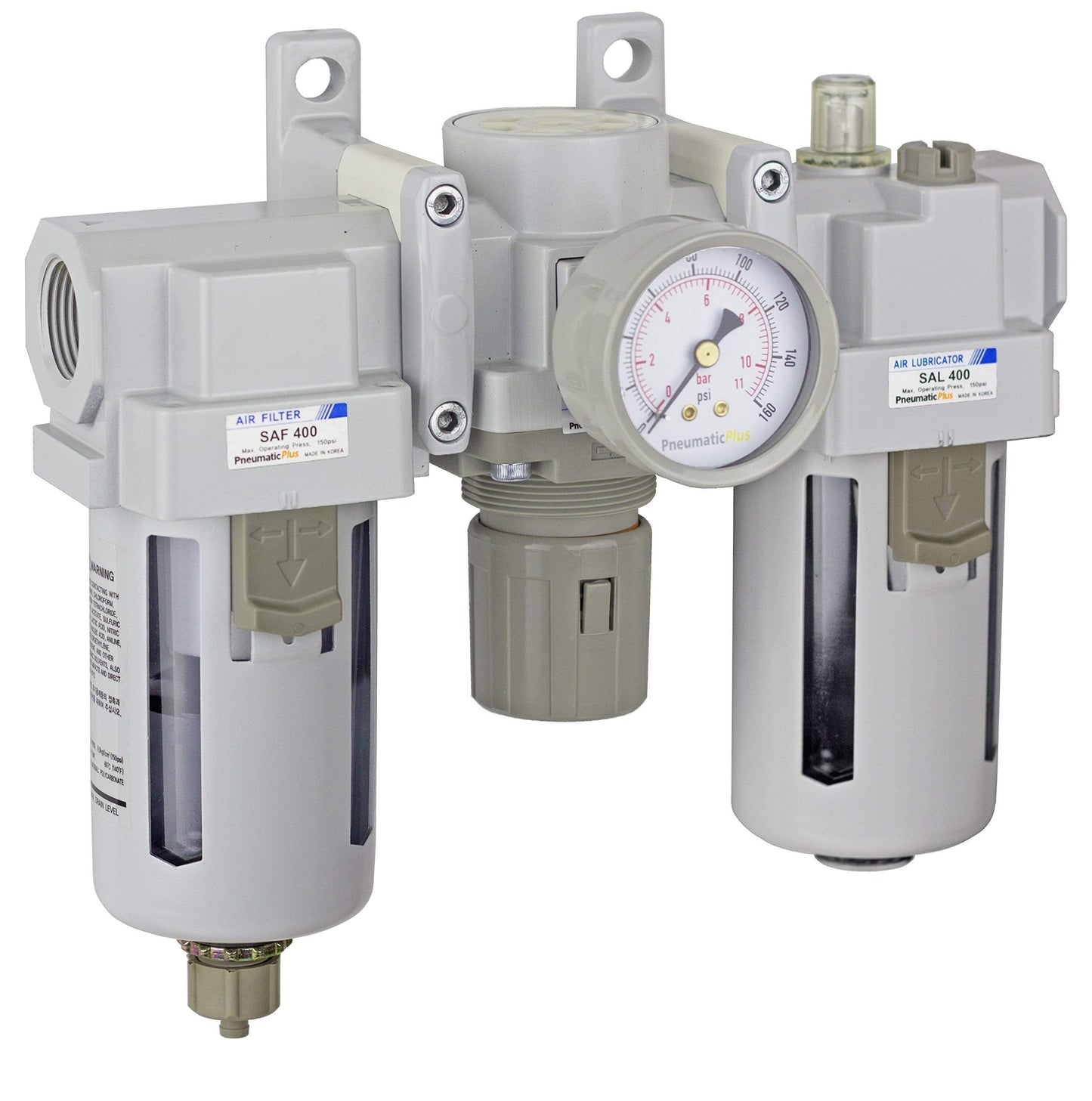 PneumaticPlus SAU400-N06G Compressed Air Filter Regulator Lubricator Combo 3/4" NPT - Poly Bowl, Manual Drain, Bracket, Gauge