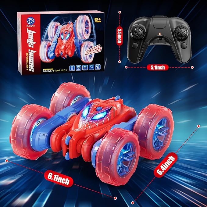 Spider Remote Control Car 360° Stunt RC Cars for Kids Ages 6-12 Double-Sided Rotation 4WD Cool Wheel Lights&2.4GHz Control Rechargeable Electric Race Car Toys Gift for Boys Girls (Red&Blue