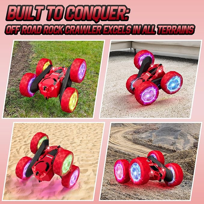 Remote Control Car for Kids Ages 6-12 4WD RC Stunt Car with LED Lights & 360° Flips 2.4GHz Fast Electric Toy Vehicle Upgraded Battery Birthday for Boys Ages 8-10