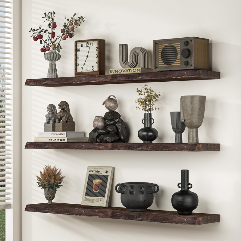 Floating Shelves for Wall, 48"x9.3" Rustic Solid Live-Edge Elm Wood Wall Shelves, Heavy-Duty Floating Shelves with Invisible Brackets, Set of 2 for Living Room, Bedroom, and Kitchen, Walnut Finish