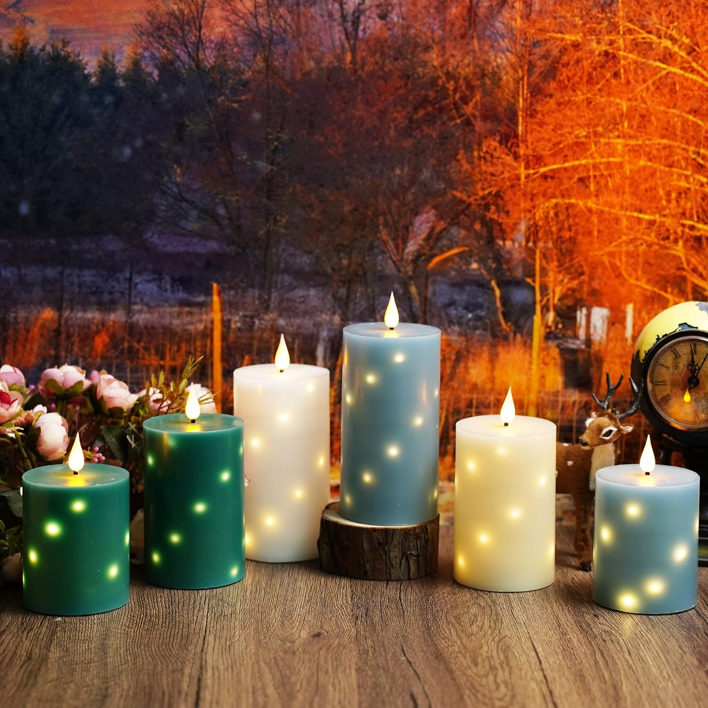 JINYANIA Flameless Candles with Embedded Star String, Real Wax Battery Operated Candles with Remote Timer, Flickering Pillar LED Candle Set for Home Decor Romantic Ambiance (Green)