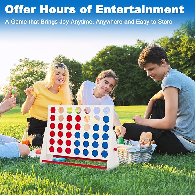 ApudArmis Portable Wooden 4 in a Row Game Classic Wooden 4-to-Score Game Set with Coins & Carrying Bag-Indoor Outdoor Connect Games for Teens Adults Family
