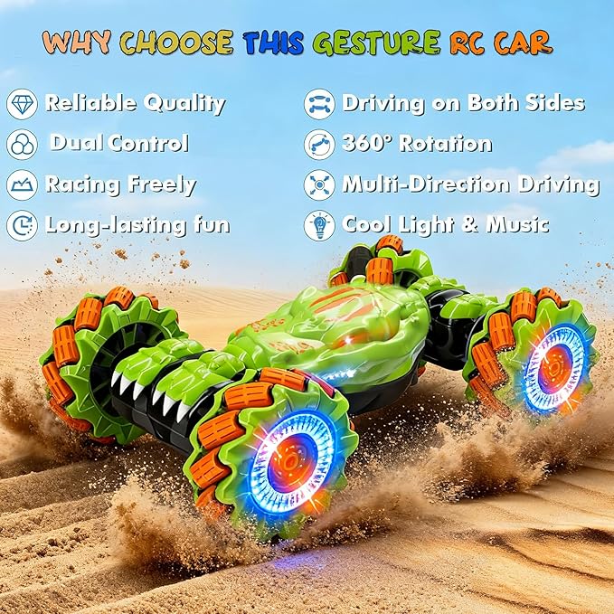 Gesture Sensing RC Stunt Car - Birthday for Boys 6 7 8-12 13 14+ Year Old 360 Rotating 4WD Twist Toys Hand Controlled & Remote Control with Light & Music