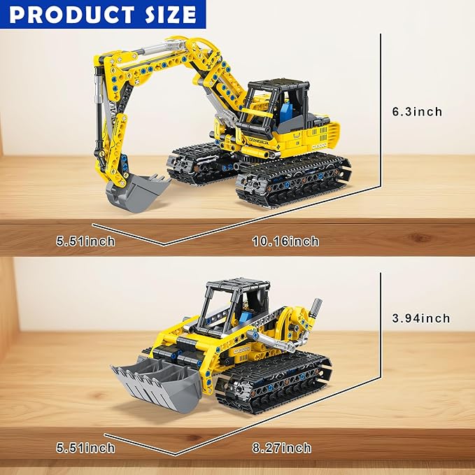 2-in-1 Excavator & Bulldozer Building Kit - 399 Pieces STEM Educational Construction Toys for Kids Creative Birthday Gift Idea