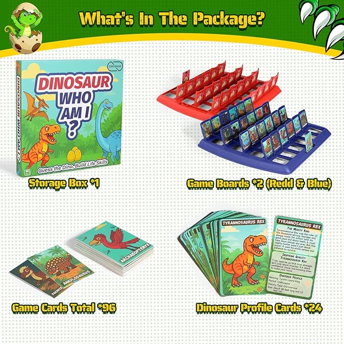 Garybank Guess Dinosaur Who Am I Games for Kids 24 Educational Dino Cards with Facts & Inspiration Dinosaur Learning Toys for Developing Critical Thinking and Speech Therapy Age 6 and Up