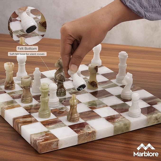 Marble Chess Set 10 Inch White & Green Travel Chess Board with 32 Pieces & 2 Extra Queens Handcrafted Classic 2 Player Chess Game for Adults