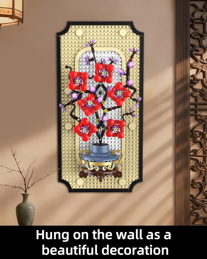 Plum Blossom Building Set for Adults 3D Wall Art Frame Decor Botanical Flower Blocks Kit Home Office Wall Decor Birthday for Women & Plant Lovers (529 PCS)