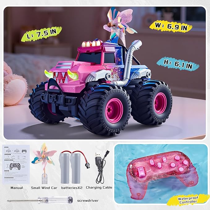 Remote Control Car for Girls Waterproof Pink Monster Truck Toys W/Blocks & 360°Spin 1:18 Amphibious RC Cars 4WD All-Terrain Off-Road RC Trucks Birthday Gifts Pool Toys for Kids Age 3-12