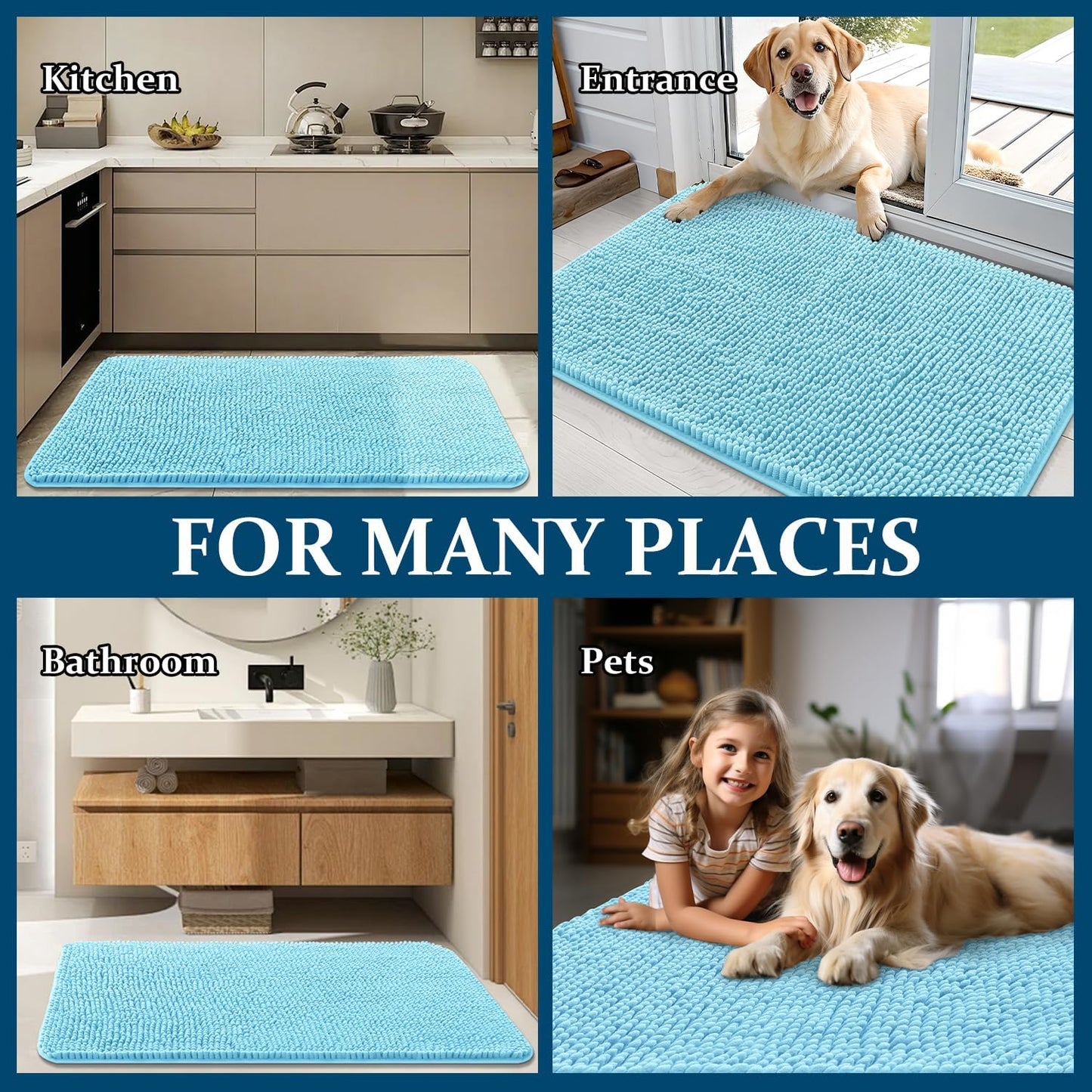 OLANLY Dog Door Mat - Absorbent Non-Slip Mud Mat for Indoor Use | Quick Dry Chenille, 70x32, Blue