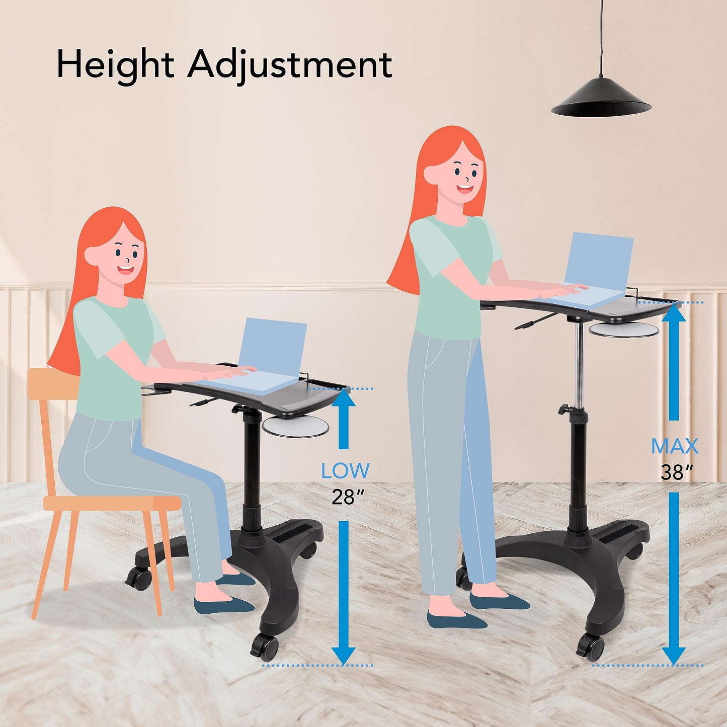 EHO Mobile Laptop Standing Desk Carts on Wheels with Stationery Storage, Pneumatic, Height Adjustable Rolling Stand, Sit to Stand Computer Cart, Workstation for Home, Office, Medical and School
