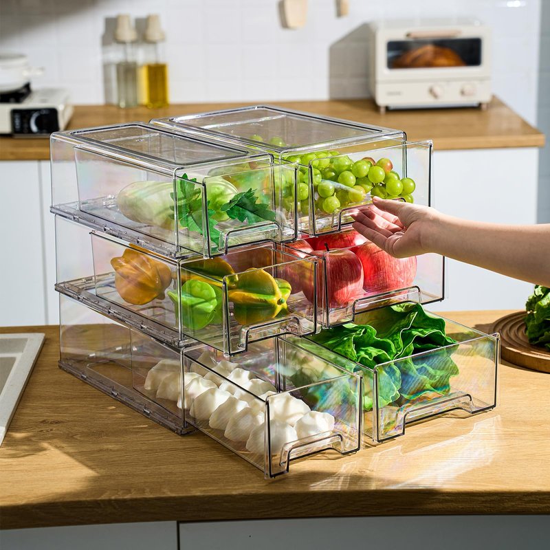 PiJeyiee Clear Stackable Refrigerator Organizers and Storage Drawers - Pull-Out Fridge Bins with handles for Kitchen,Pantry,Cabinet,Bathroom, Undersink,Closet (2 Pack)