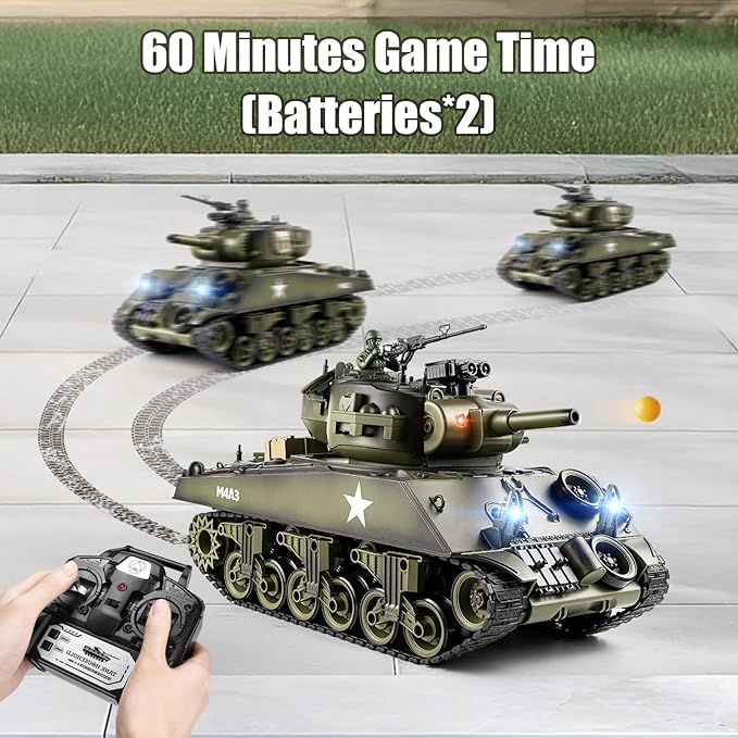 1/18 RC Tank 2.4G US M4A3 Sherman Remote Control Tank That Shoot BBS with Smoke Sound and Lights 165ft Remote Control Army Model Toy Military All-Terrain Vehicle for Kids & Adults