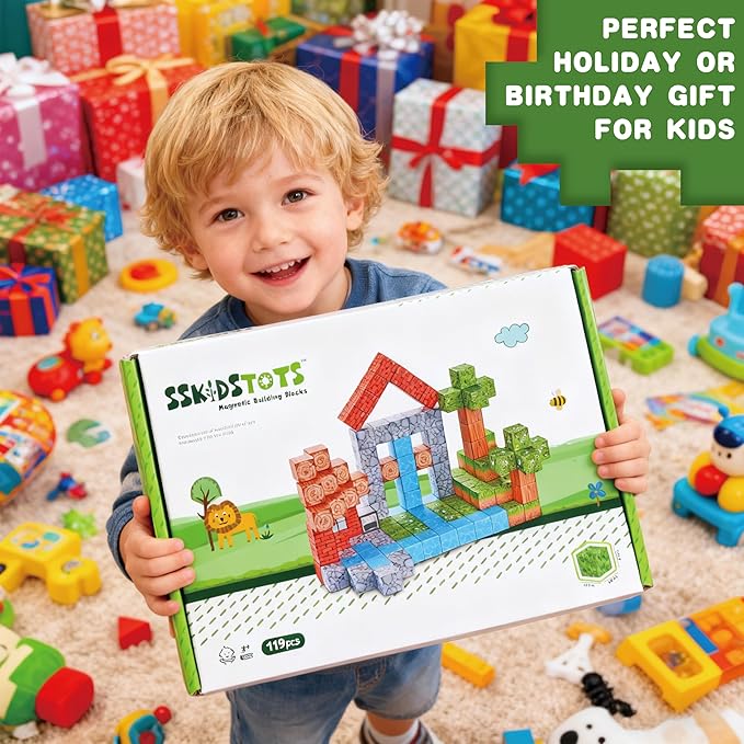119PCS 1 in Big Size Magnetic Building Blocks Set Magnetic Tiles Kids Build Cubes STEM Game Toys Build Forest World Set Christmas Birthday Gifts for Boys & Girls Age 3 4 5 6 7 8 9 10+
