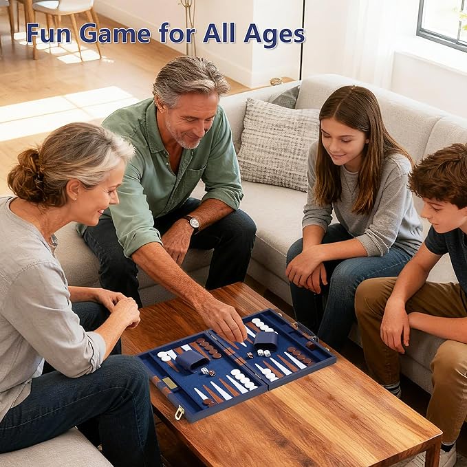 15 inch Backgammon Sets for Adults - Classic Board Game with Premium Sea Blue Leather Case - Travel Backgammon Set for 2 Players - Portable Strategy Board Games for Gifts & Family Fun