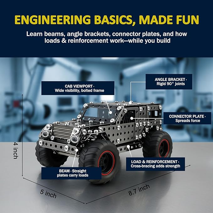 496 Pcs Metal Building Toys for Boys & Girls 8-12 Years Old Off-Road Vehicle Model Truck Kits STEM Engineering Construction Set Monster Car Educational Gift for Kids Ages 8 9 10+